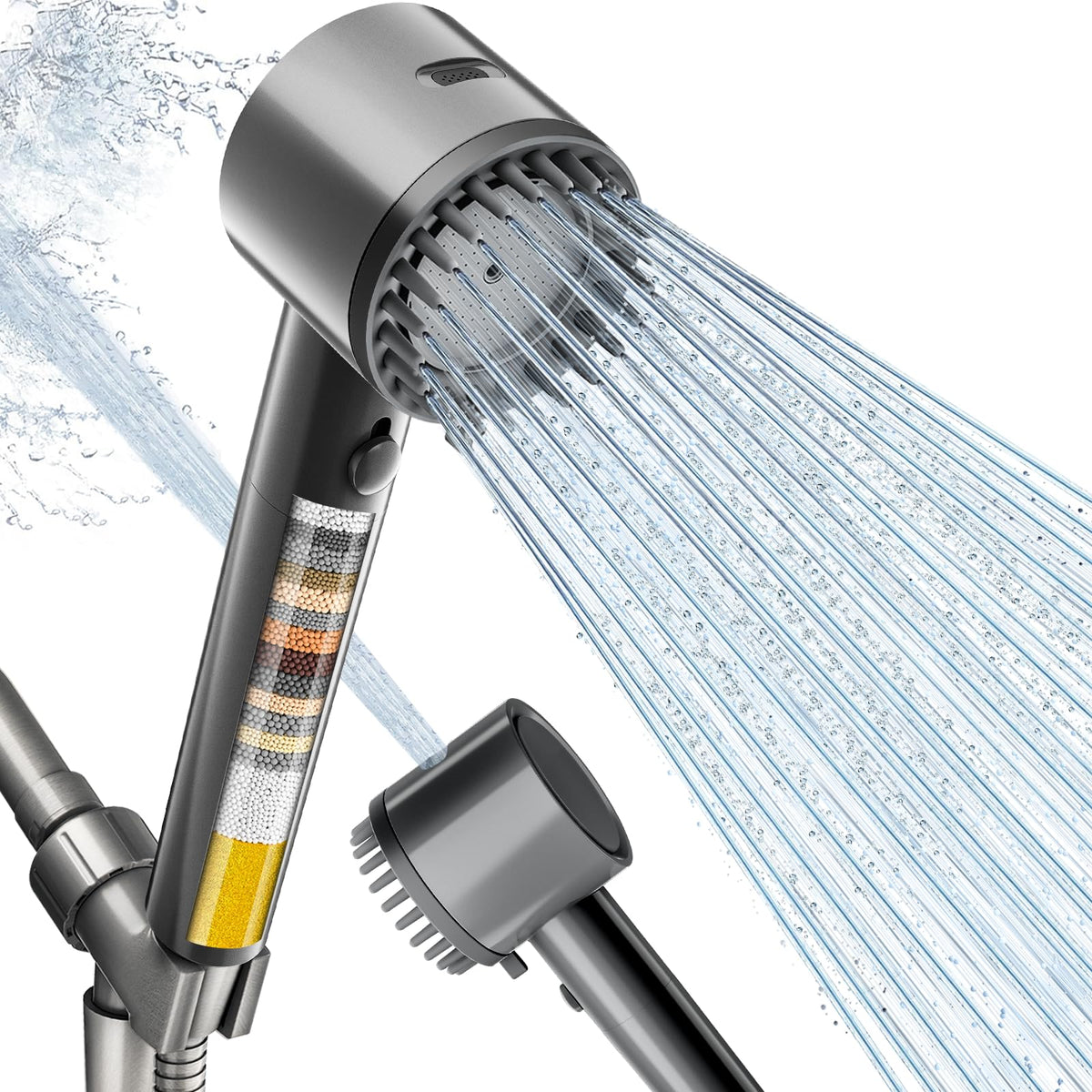 Cobbe Ion Drops filtered shower head close-up shows filtration chamber for cleaner water.