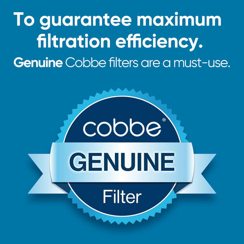 Cobbe max filter materials close-up highlighting KDF-55 and calcium sulfite for chlorine removal.