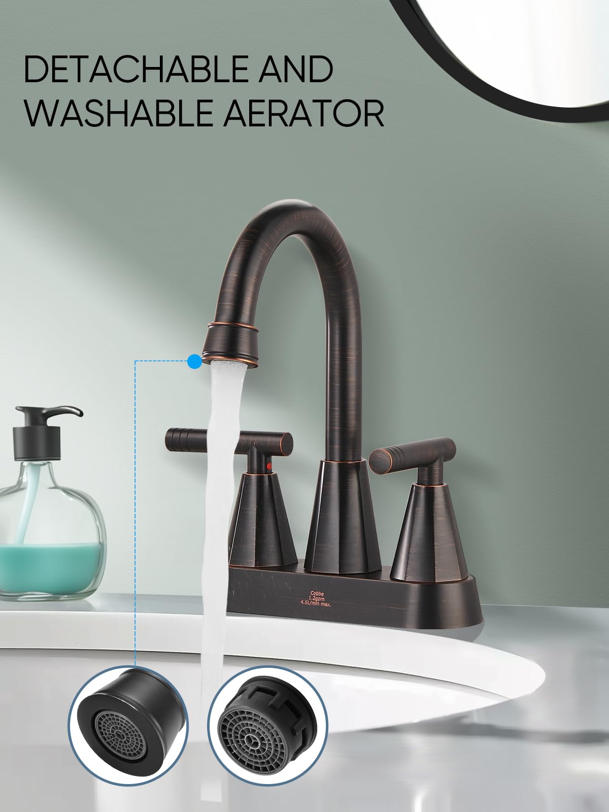 Cobbe Orb high-arc spout rotates 360 degrees for easy cleaning and reach