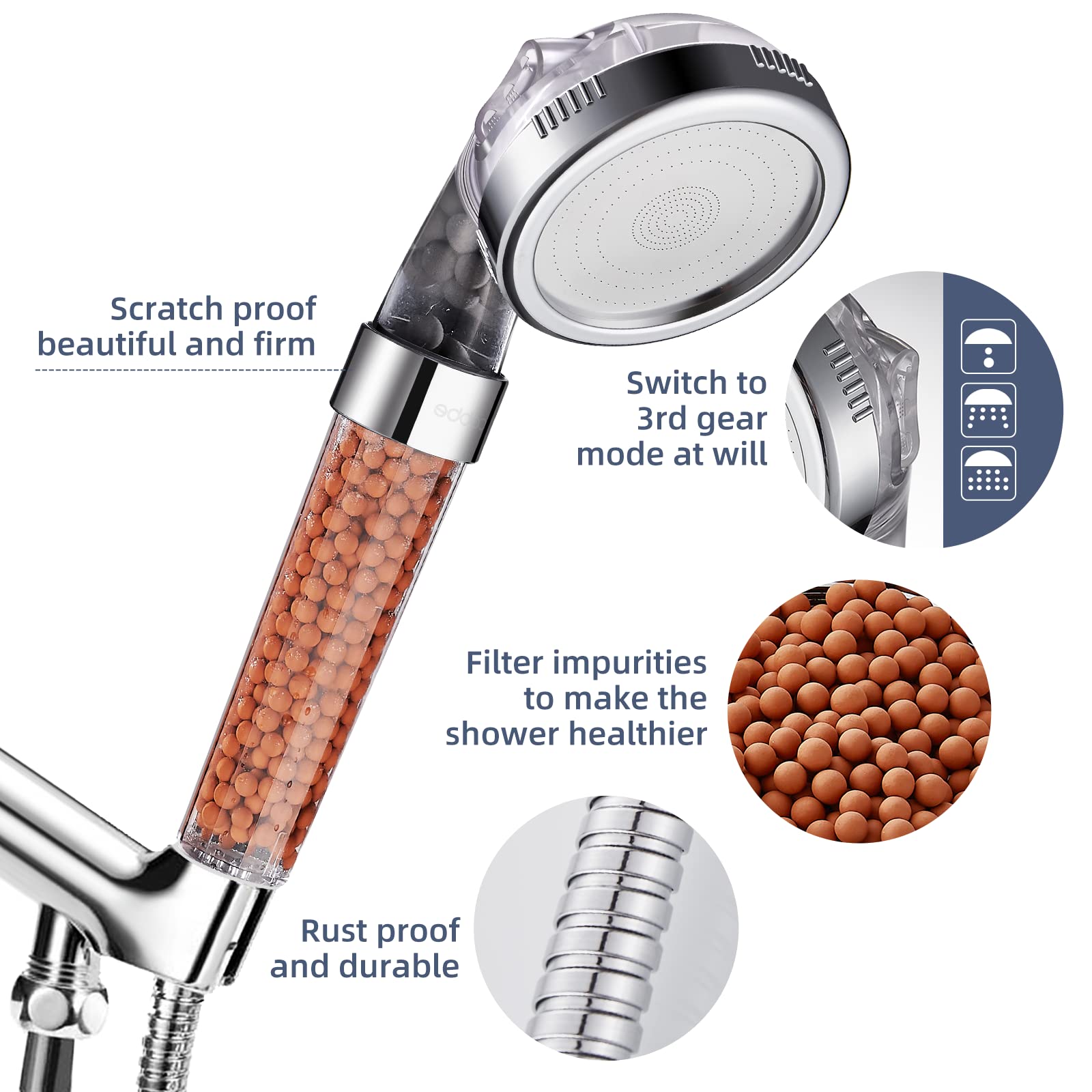 Cobbe shower head with built-in filtration system for steady flow