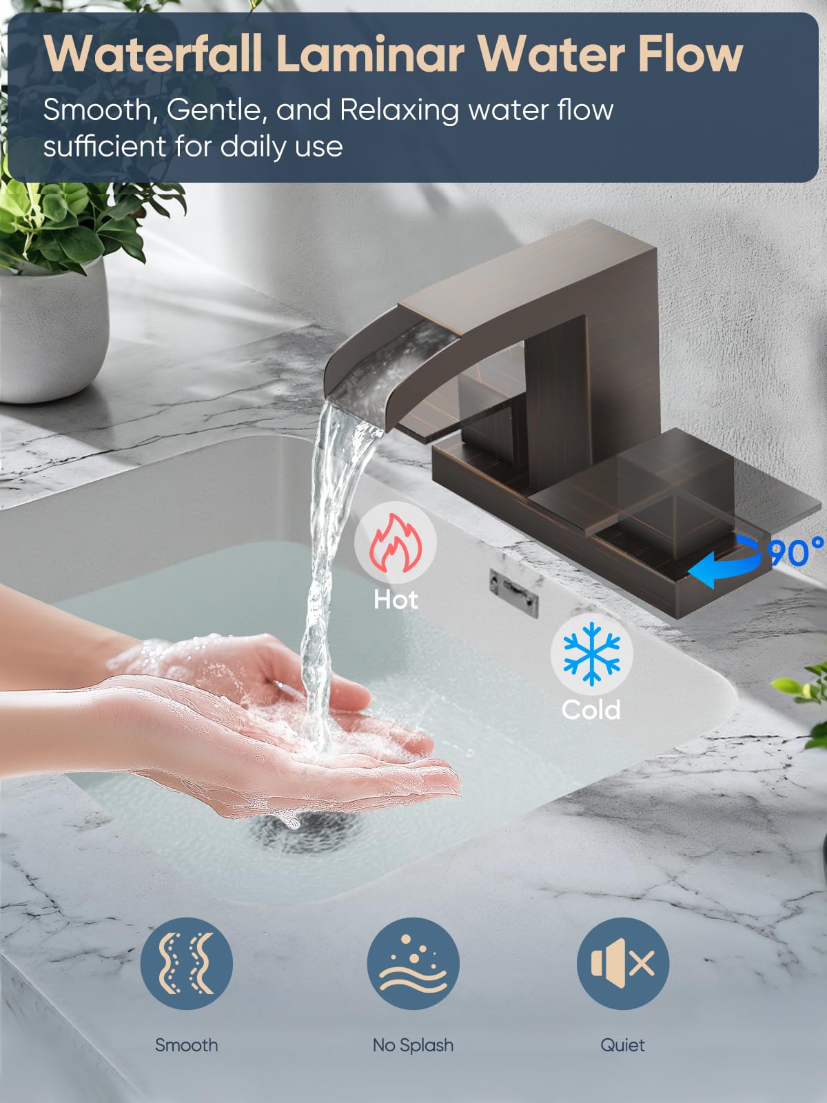 Cobbe waterfall faucet levers offer precise temperature and flow control.