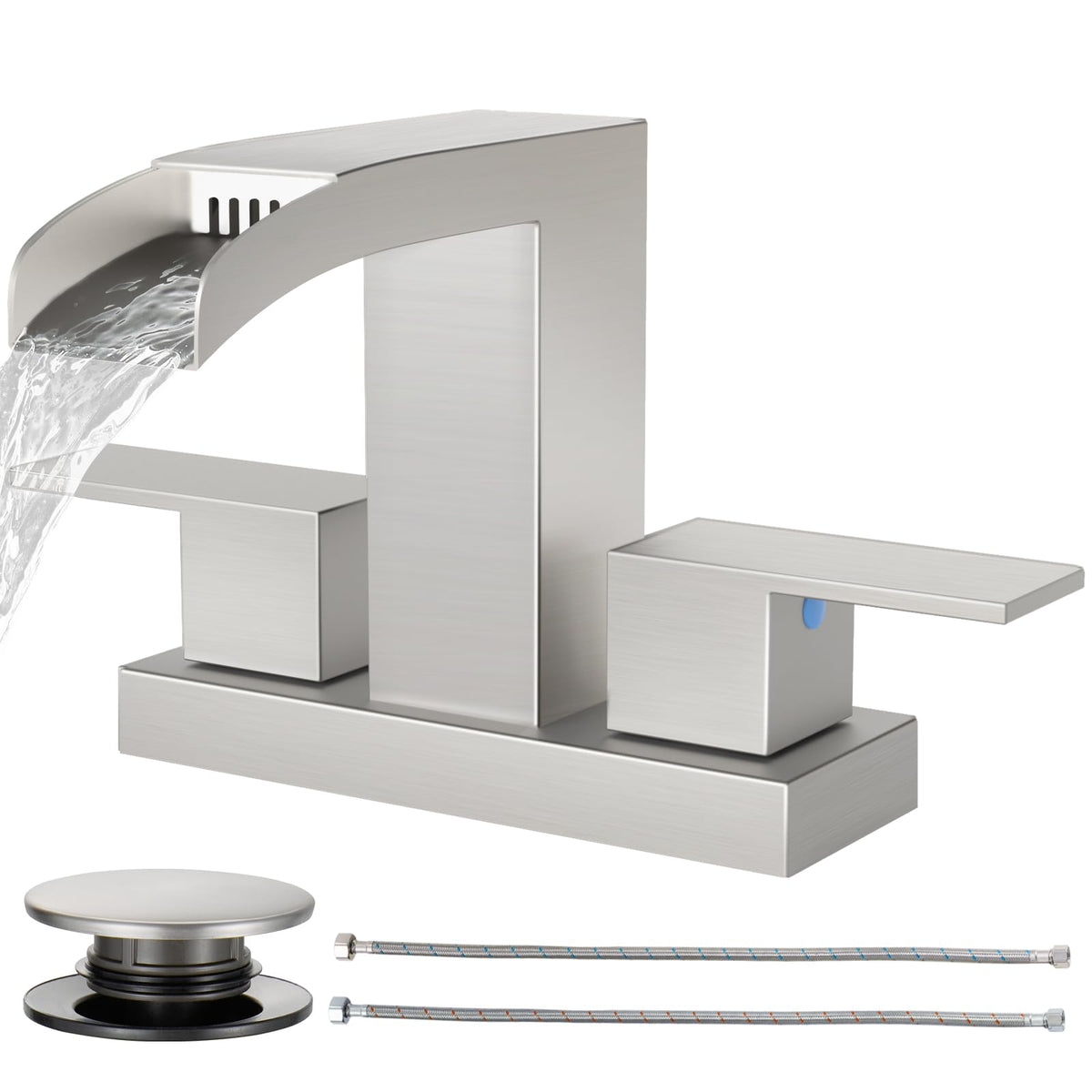 Cobbe waterfall faucet with spout creates a soothing cascade for a modern vanity.