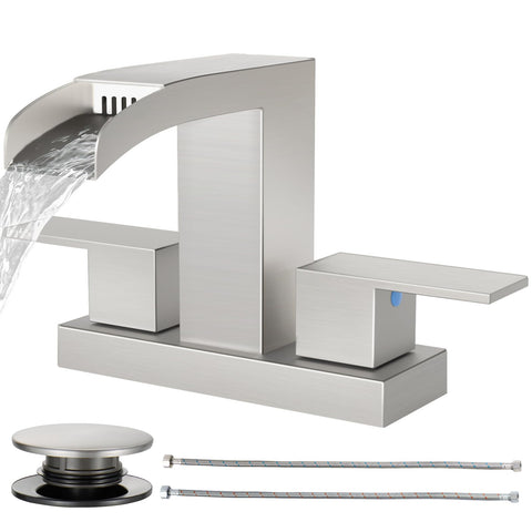 Cobbe waterfall faucet with spout creates a soothing cascade for a modern vanity.
