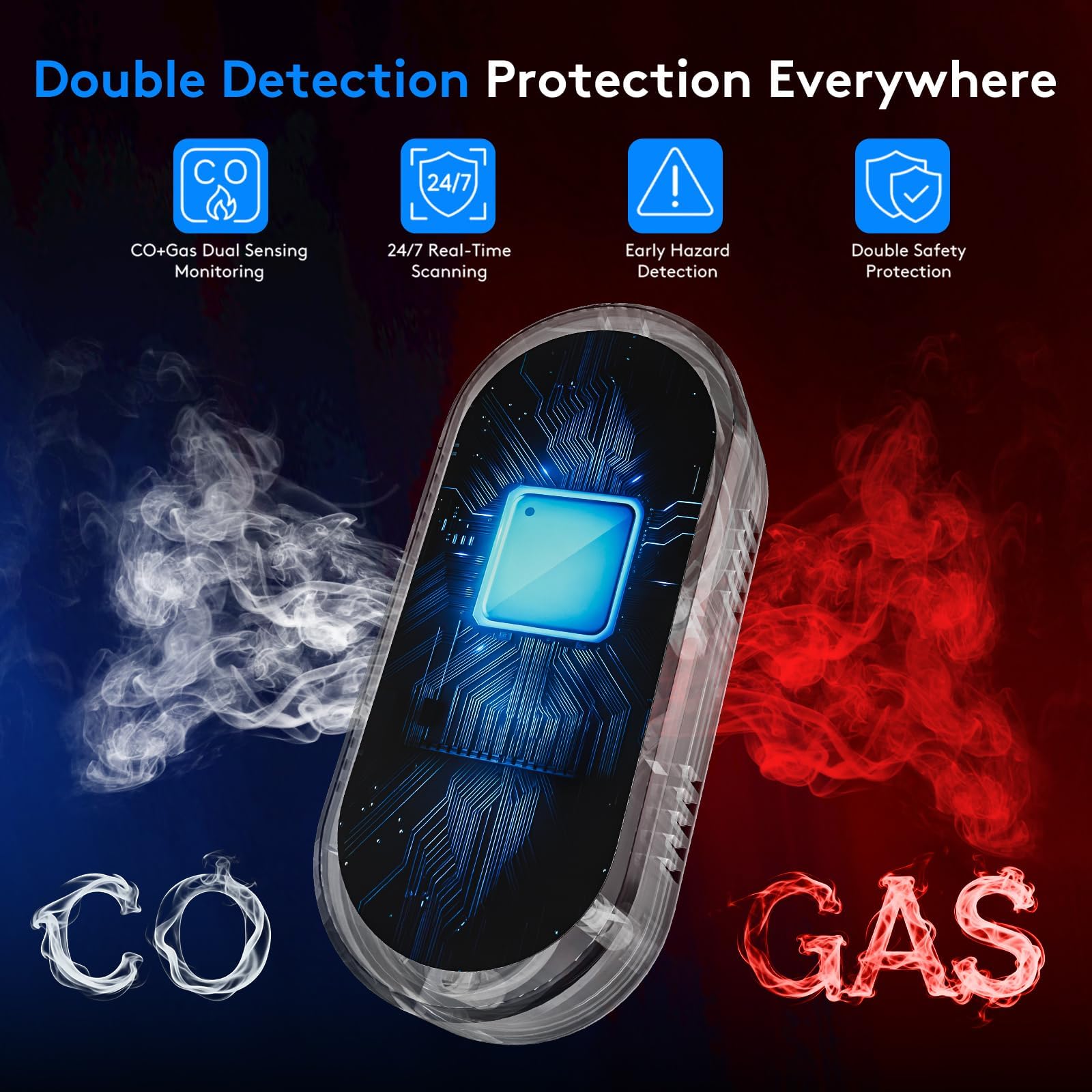 COCHYSCELA digital display presents real-time CO, gas, temperature, and humidity values.