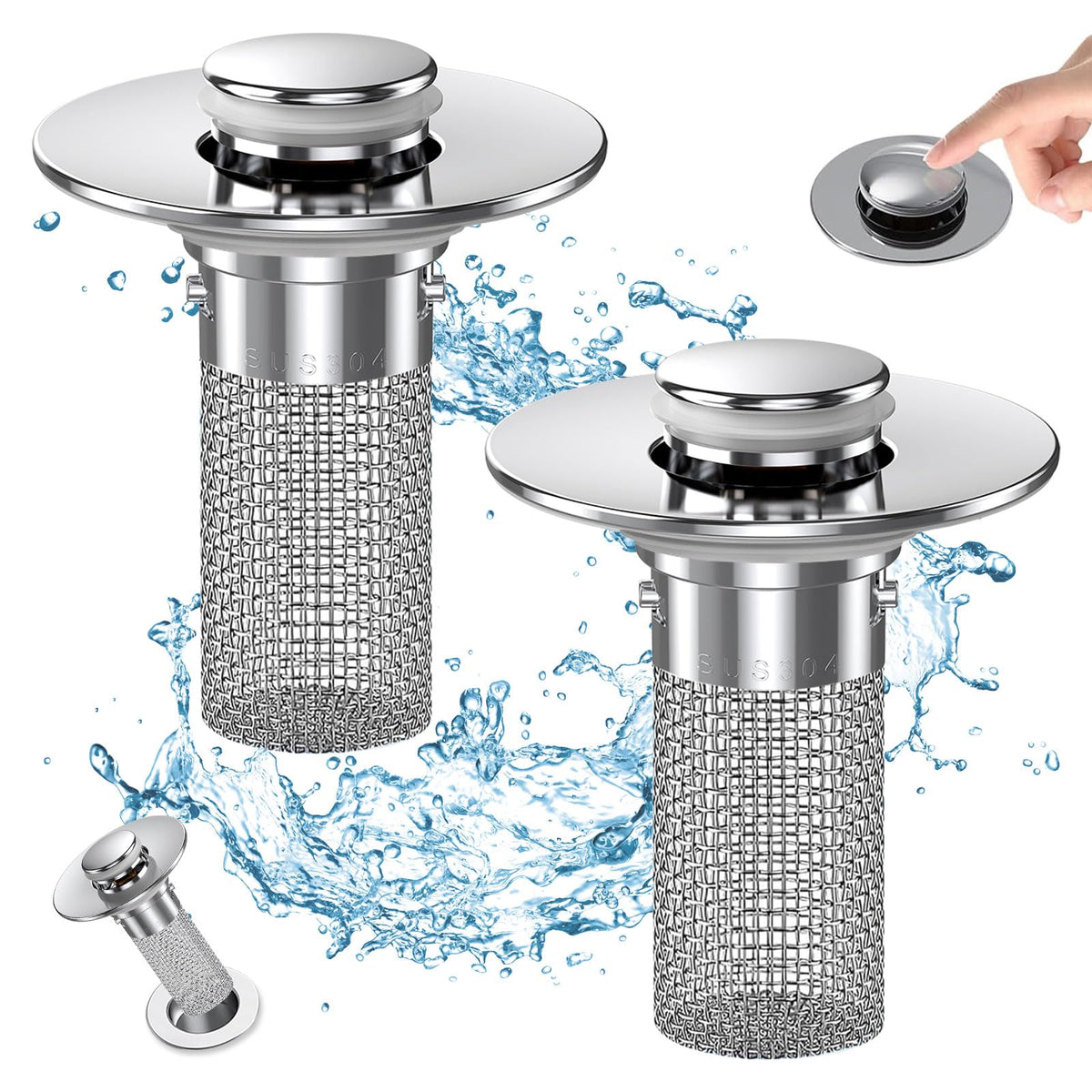 Cocog pop-up bathroom sink drain strainer in use for quick hair capture.