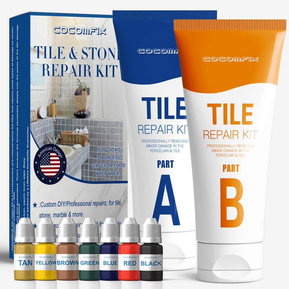 Cocomfix Tile Repair Kit chip close-up showing color blend to disguise chips