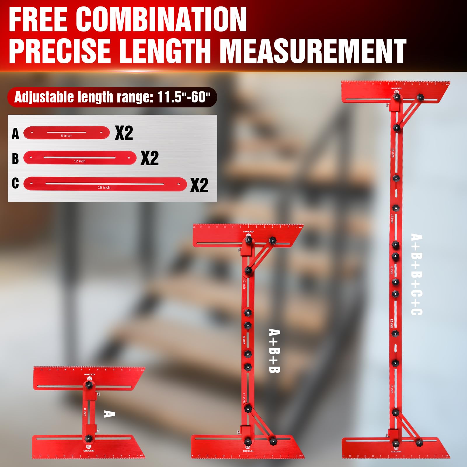 Cocowin stair tread template tool with 14in pivoting ends.