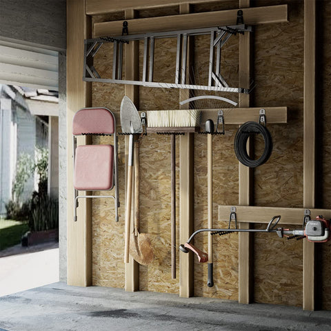 COCOYA double-hanger in use keeps ladders and hoses off the floor.