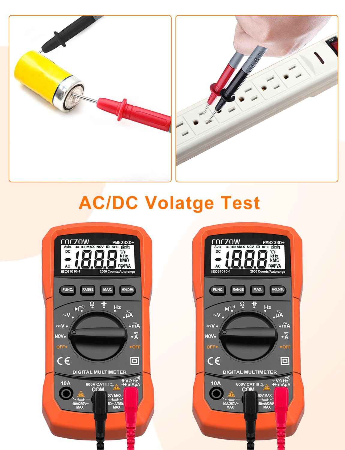 Coczow Digital Multimeter with fold-out stand allows hands-free testing.