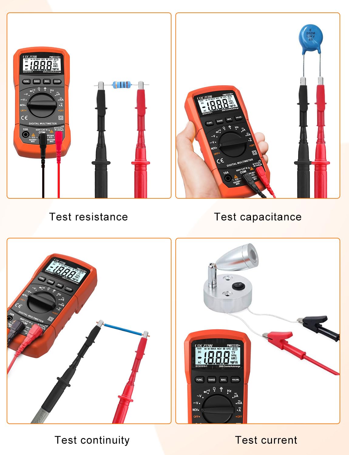Coczow packaging includes meter, leads, batteries, and manual.