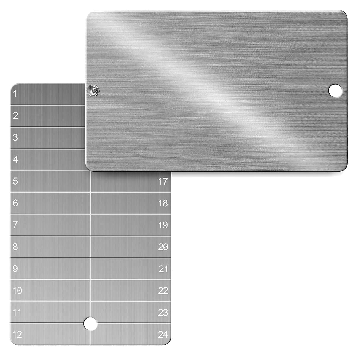 Codesteel titanium seed plate front view; compact backup for 24-word phrases.