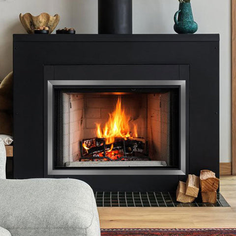 Coengwui brushed-silver molding around a fireplace edge enhances focal point