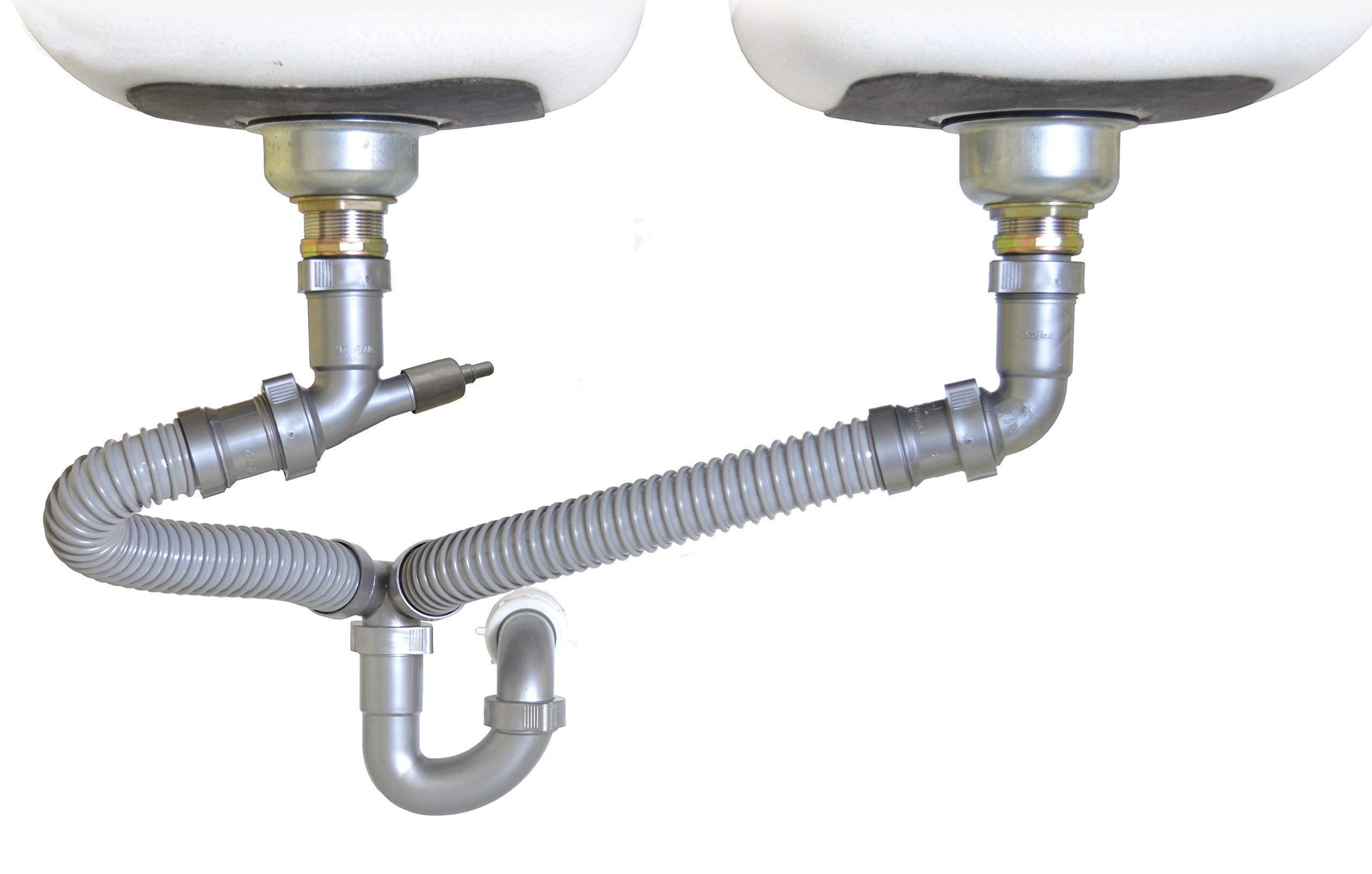 Coflex Snappy Trap DK-110 double bowl drain kit streamlines installation for universal kitchen sinks.