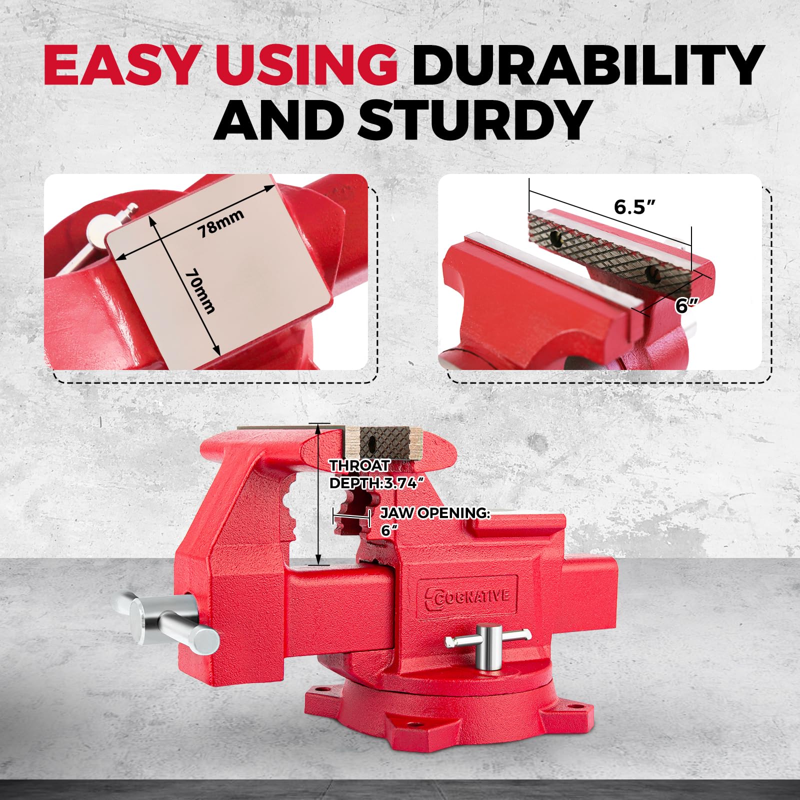 COGNATIVE bench vise jaw width 164 mm accommodates wide workpieces.