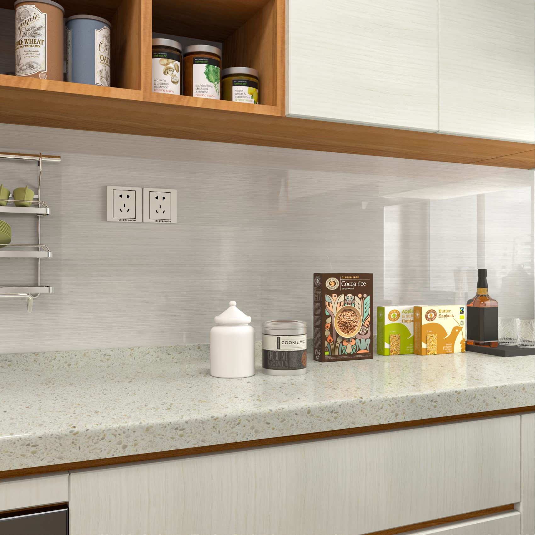 Cohoo Home waterproof metallic wallpaper offers a reflective kitchen backsplash option.