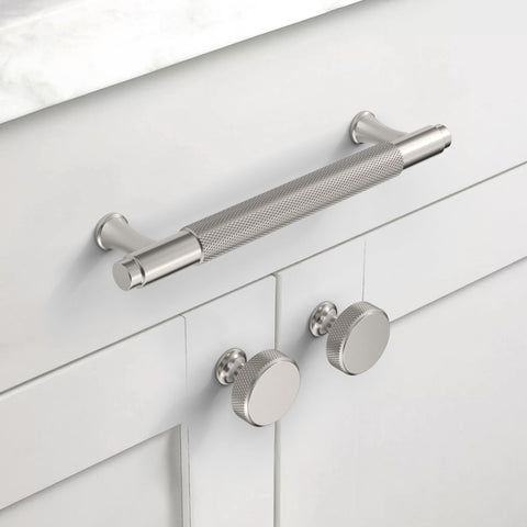 Coinkoly brushed satin nickel knurled knob side view highlights ergonomic knurling for grip.