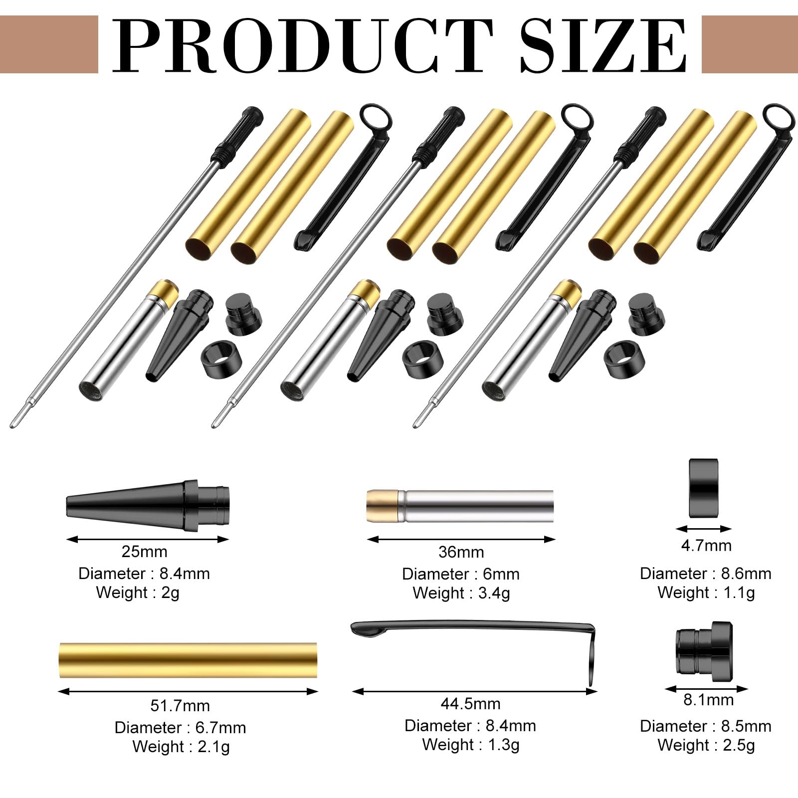 Colarr brass and iron hardware close up, durable components for reliable pen turning.