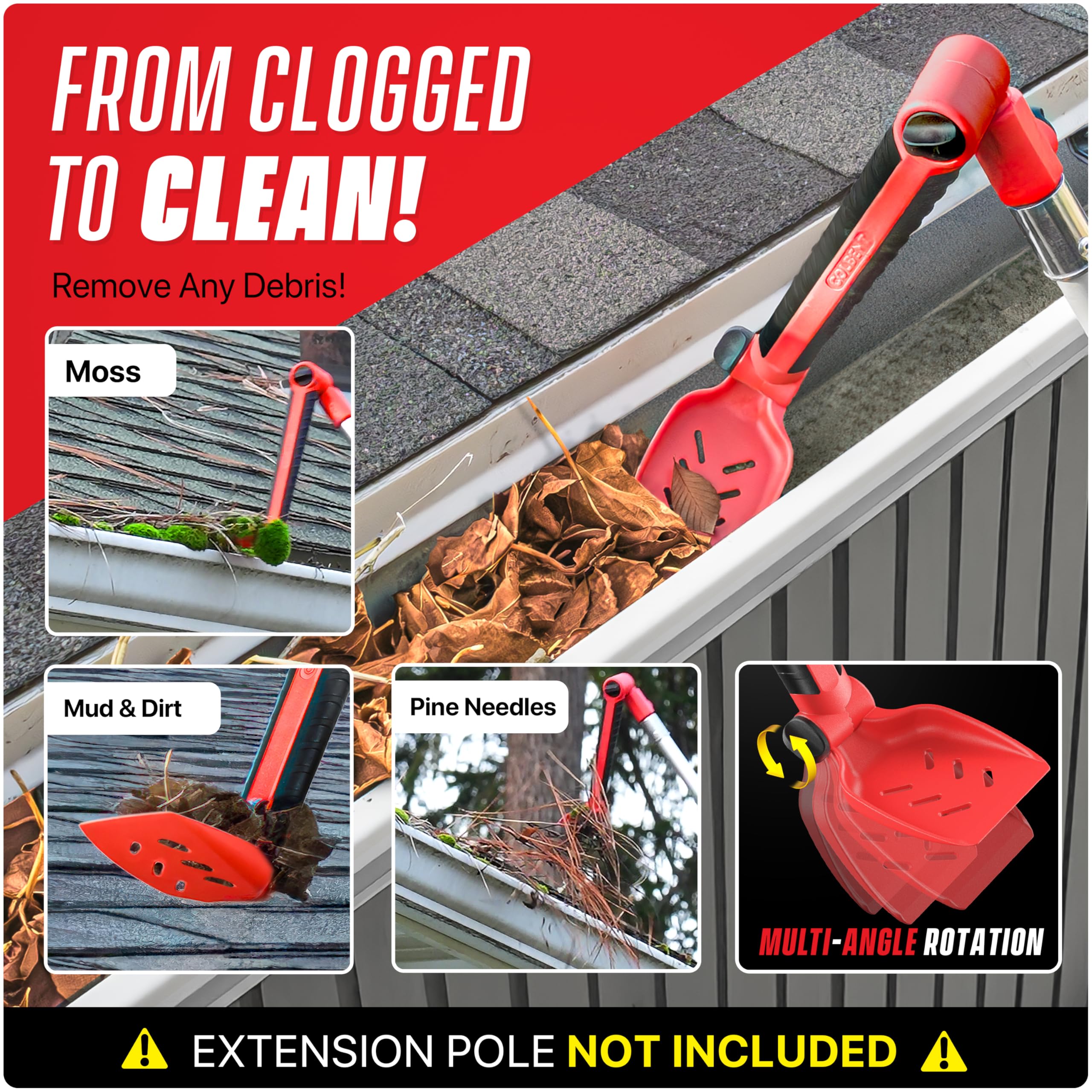 Colbent gutter scoop head inside gutters for fast, thorough debris removal.