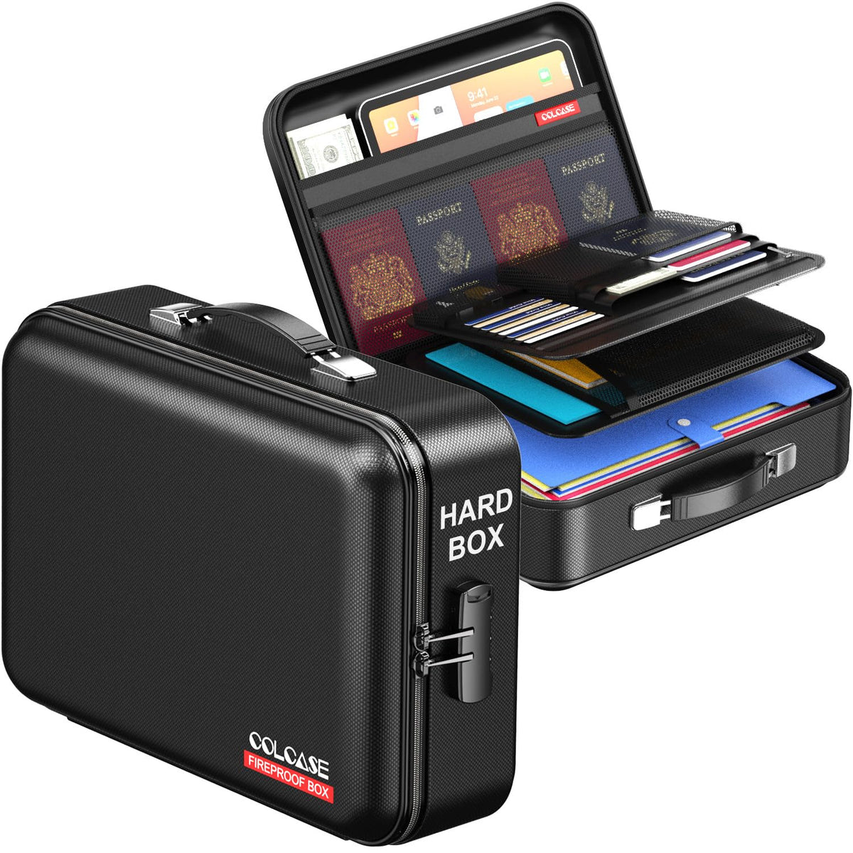 COLCASE fireproof box exterior showcases a rugged hard-shell design for secure storage