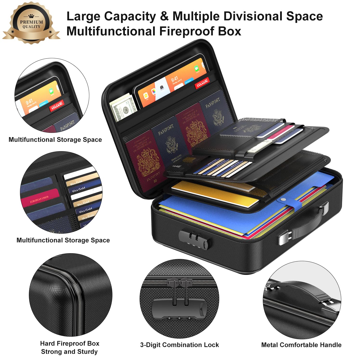 COLCASE fireproof box interior layout with multiple pockets for organization