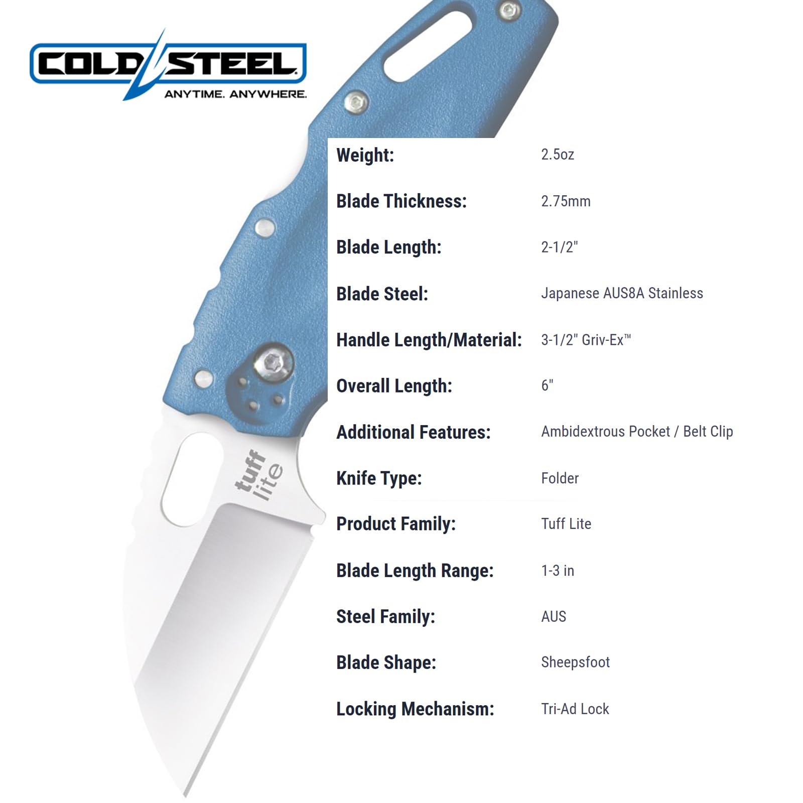 Cold Steel Tuff Lite Plain Blue compact size for everyday tasks.