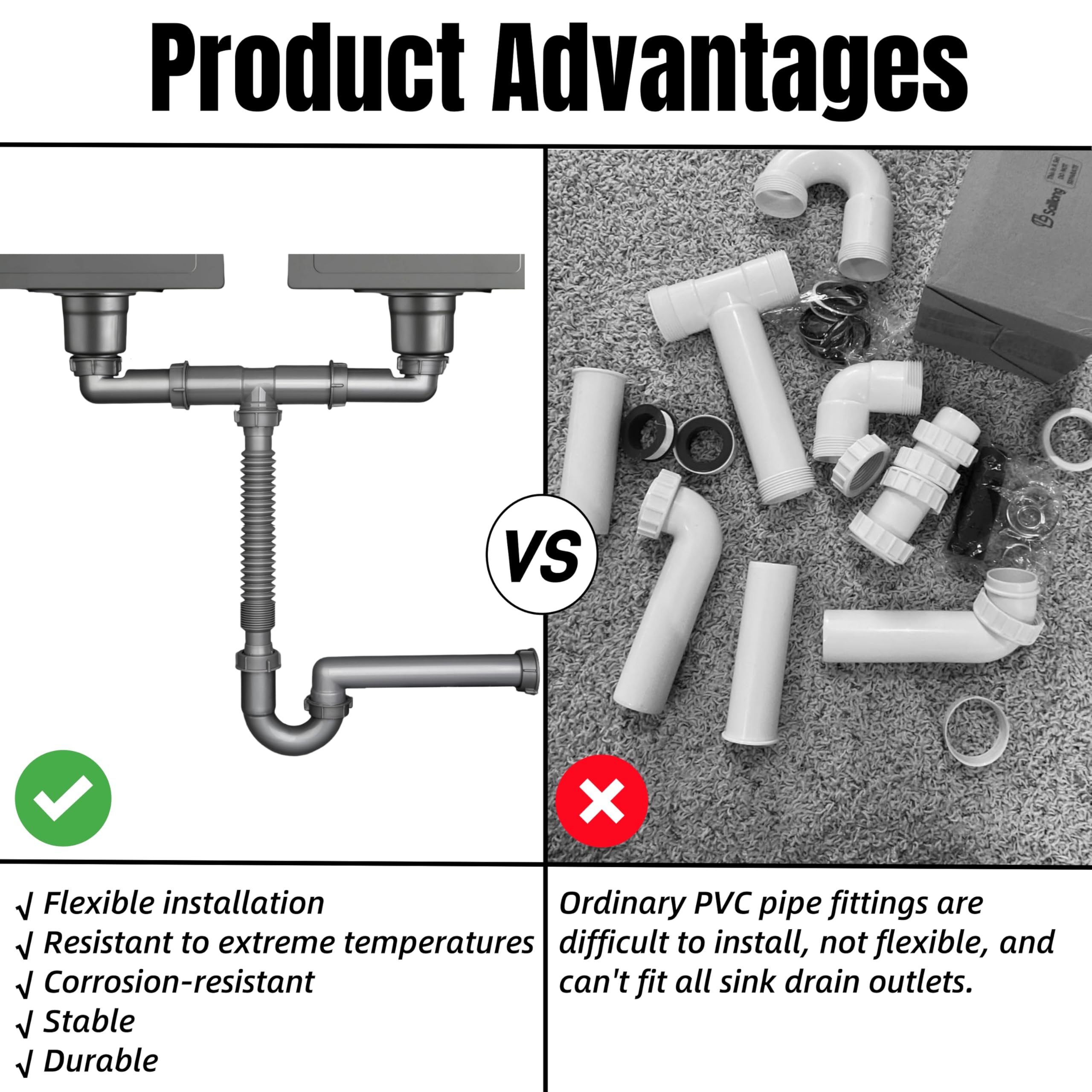 COLDDD adjustable pipe section illustrating flexible routing between sinks