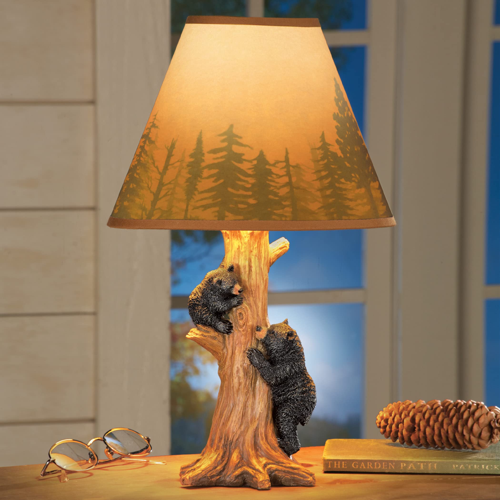 Collections Etc bear family tree trunk carving on lamp base