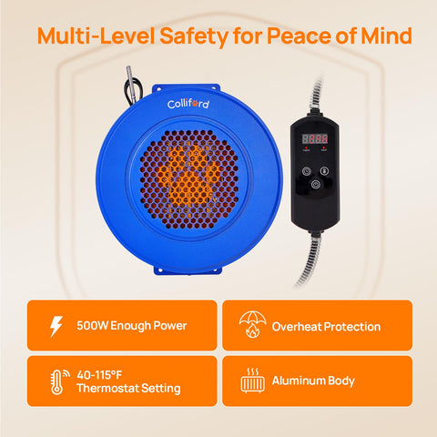 Wall-mounted Colliford 500W heater saves space in a kennel