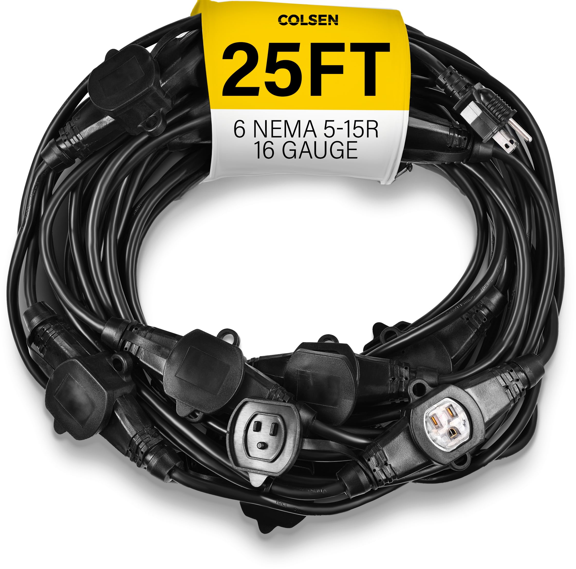 Colsen 25ft extension cord with six outlets for flexible power distribution.