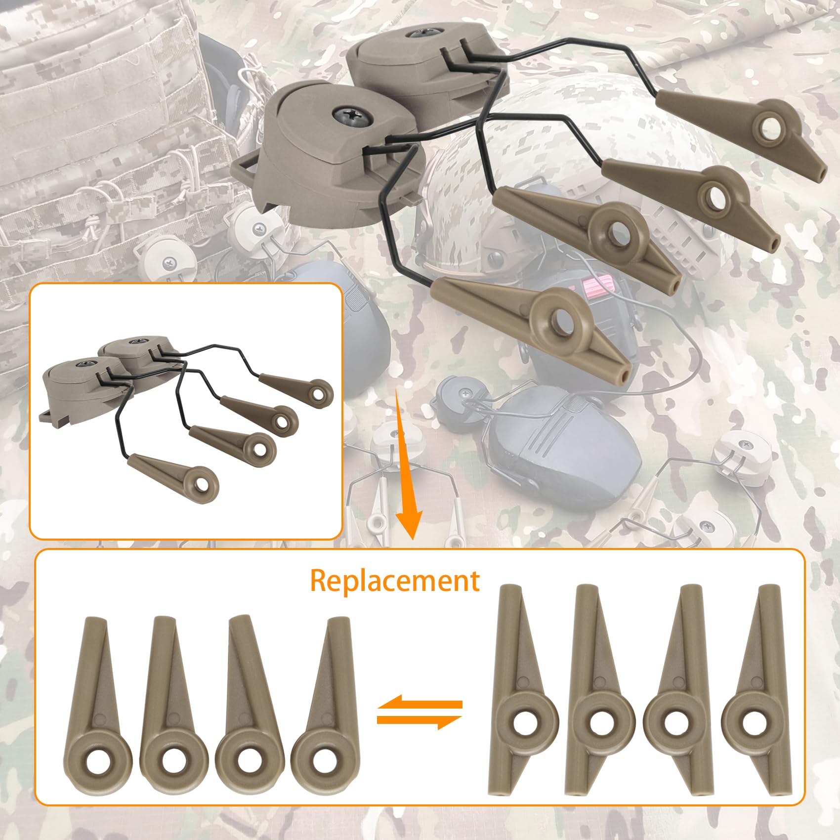 COMBATGEAR ARC rail adapter secures Walker earmuffs from the side, tan finish.