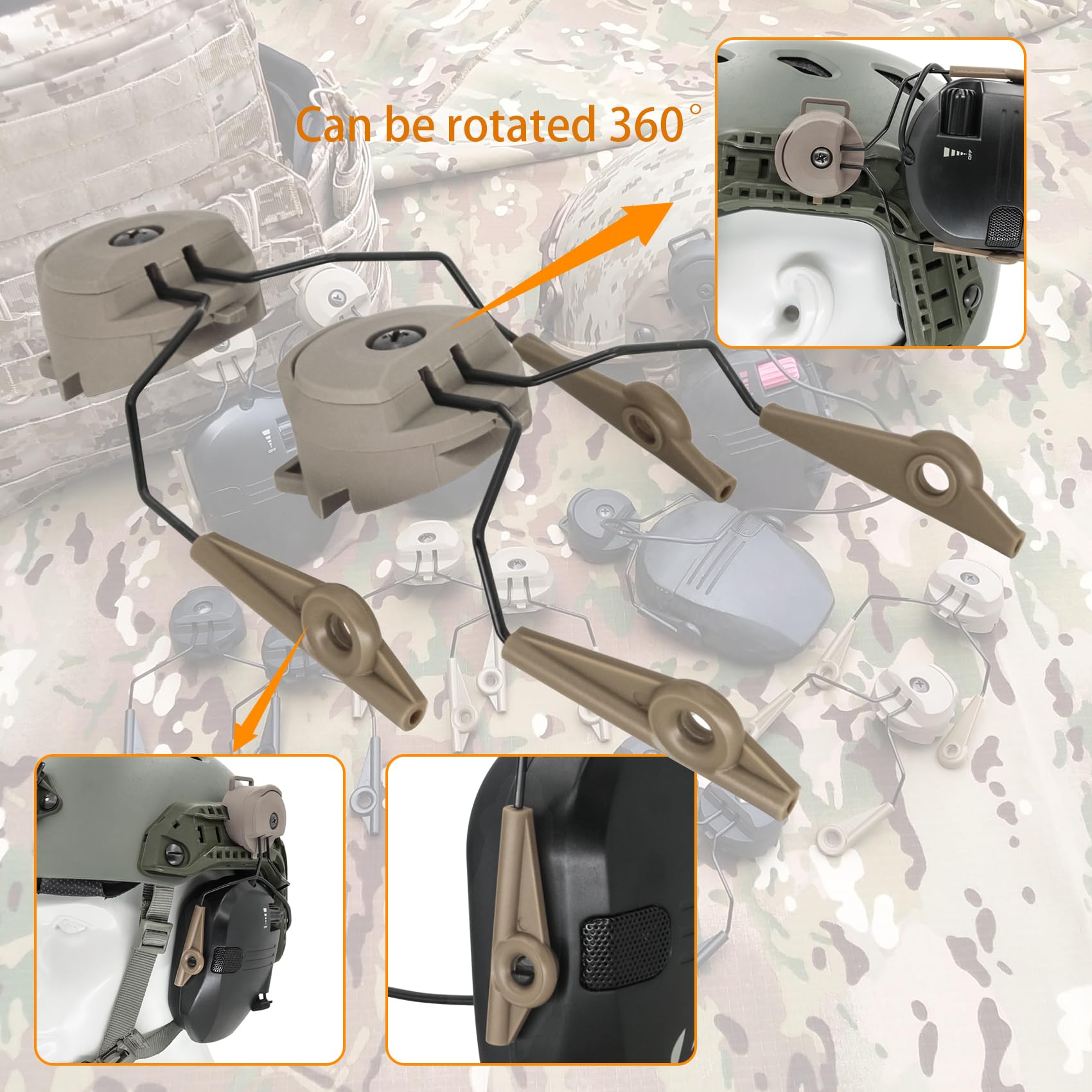 ARC rail with telescopic frame compatibility shown with adapters, tan.