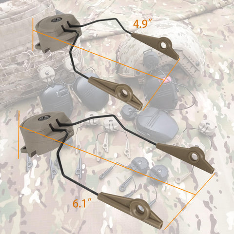 Two-size tabs included for ARC rail mounting with Walker earmuffs, tan.