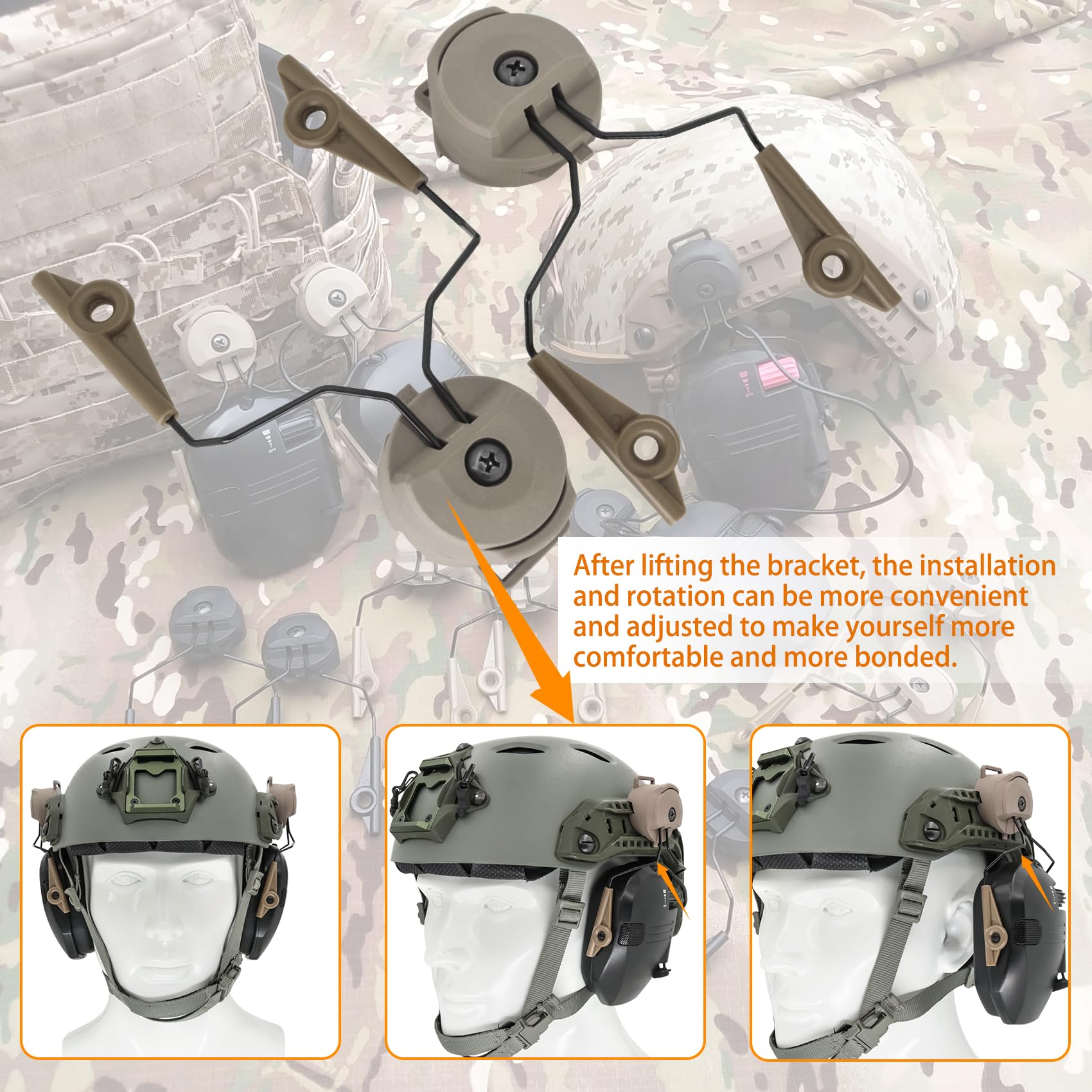 Adapter rotation enables comfortable ear positioning on the helmet, tan.