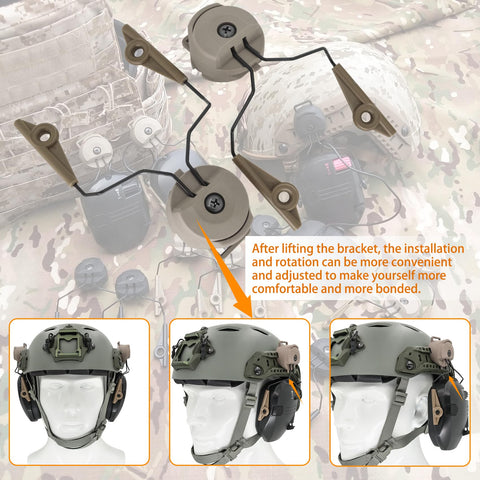 Adapter rotation enables comfortable ear positioning on the helmet, tan.