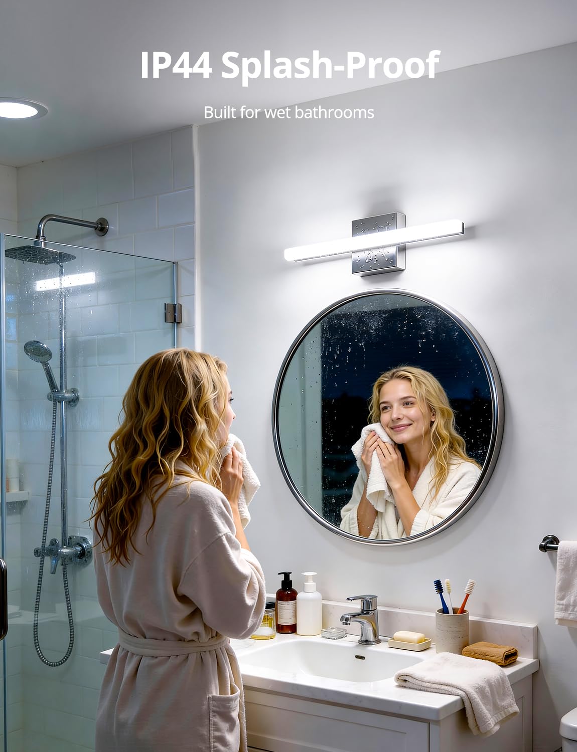 Combuh anti-fog mirror light helps keep the surface clear after showers.