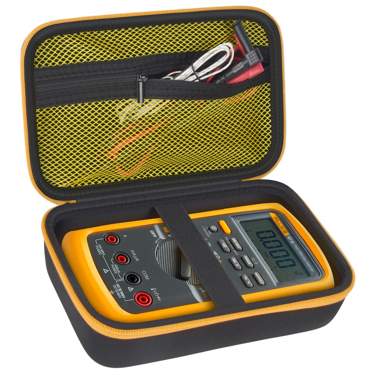 Comecase exterior with rugged shell provides durable travel protection for Fluke meters.