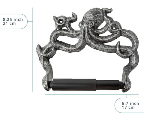 Cast-iron octopus wall decor emphasizes vintage rustic look while supporting a roll.