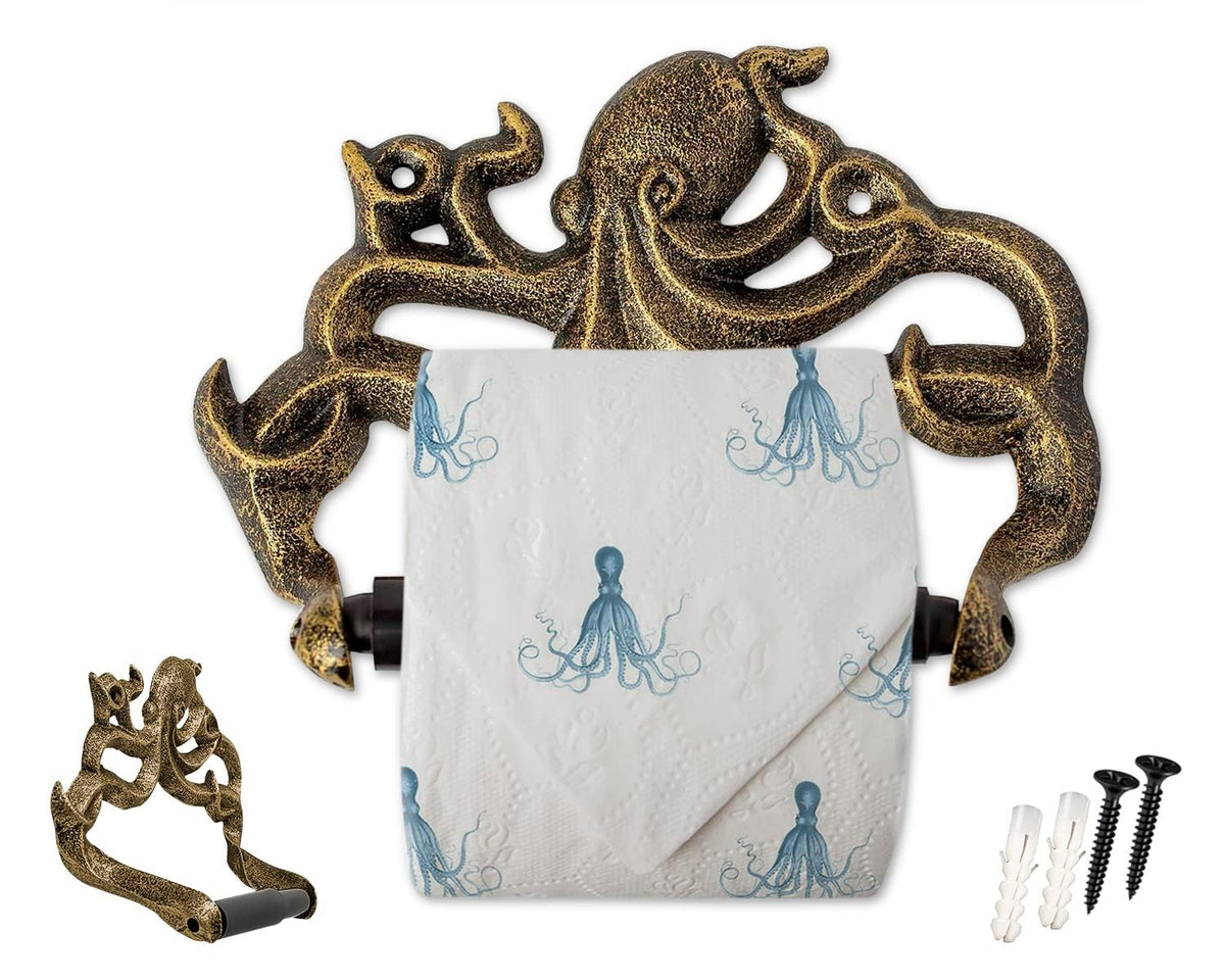 Comfify decorative octopus toilet paper holder, wall mounted in gold and black, adds nautical flair.