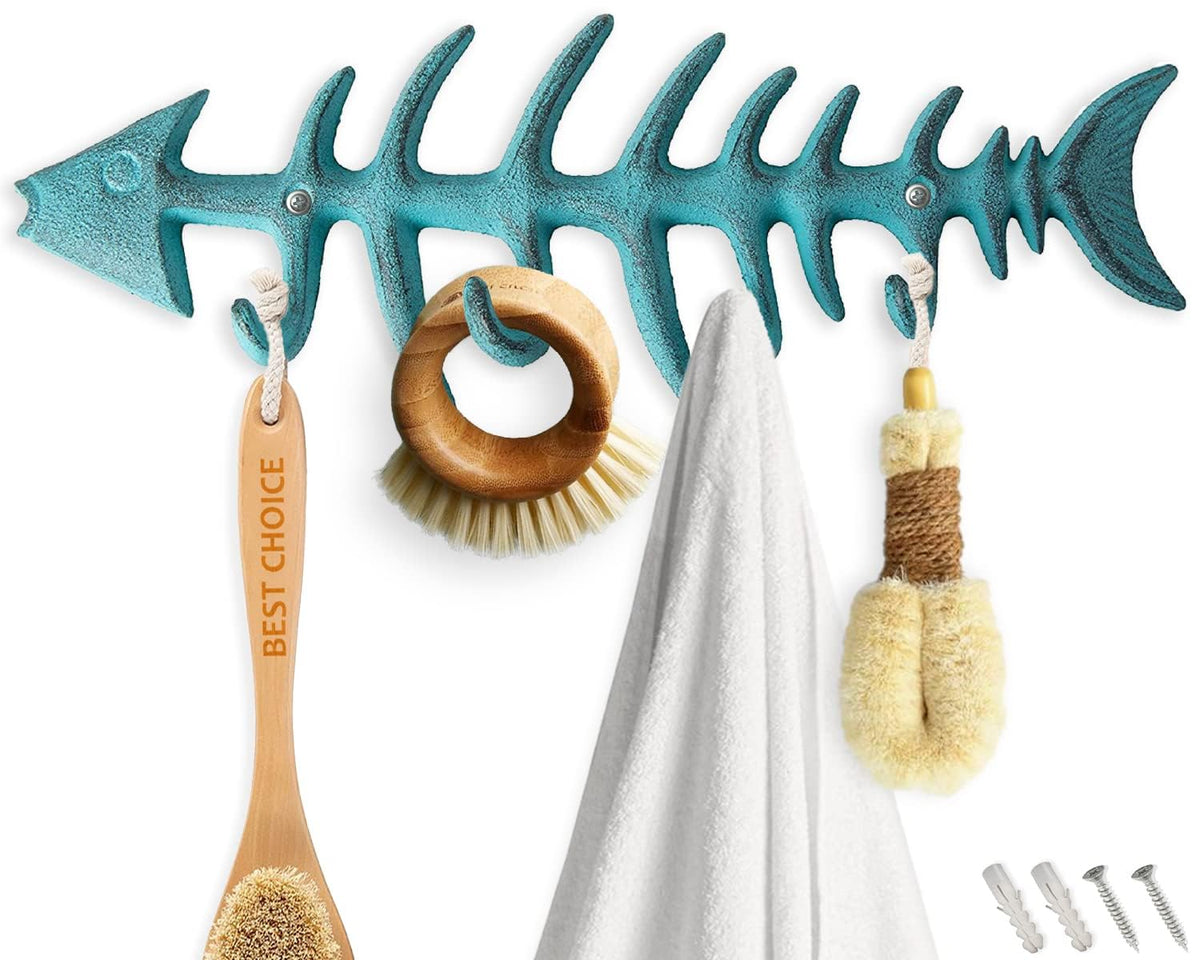 Comfify fish bones towel rack in teal adds vintage charm for towels in rustic kitchens.