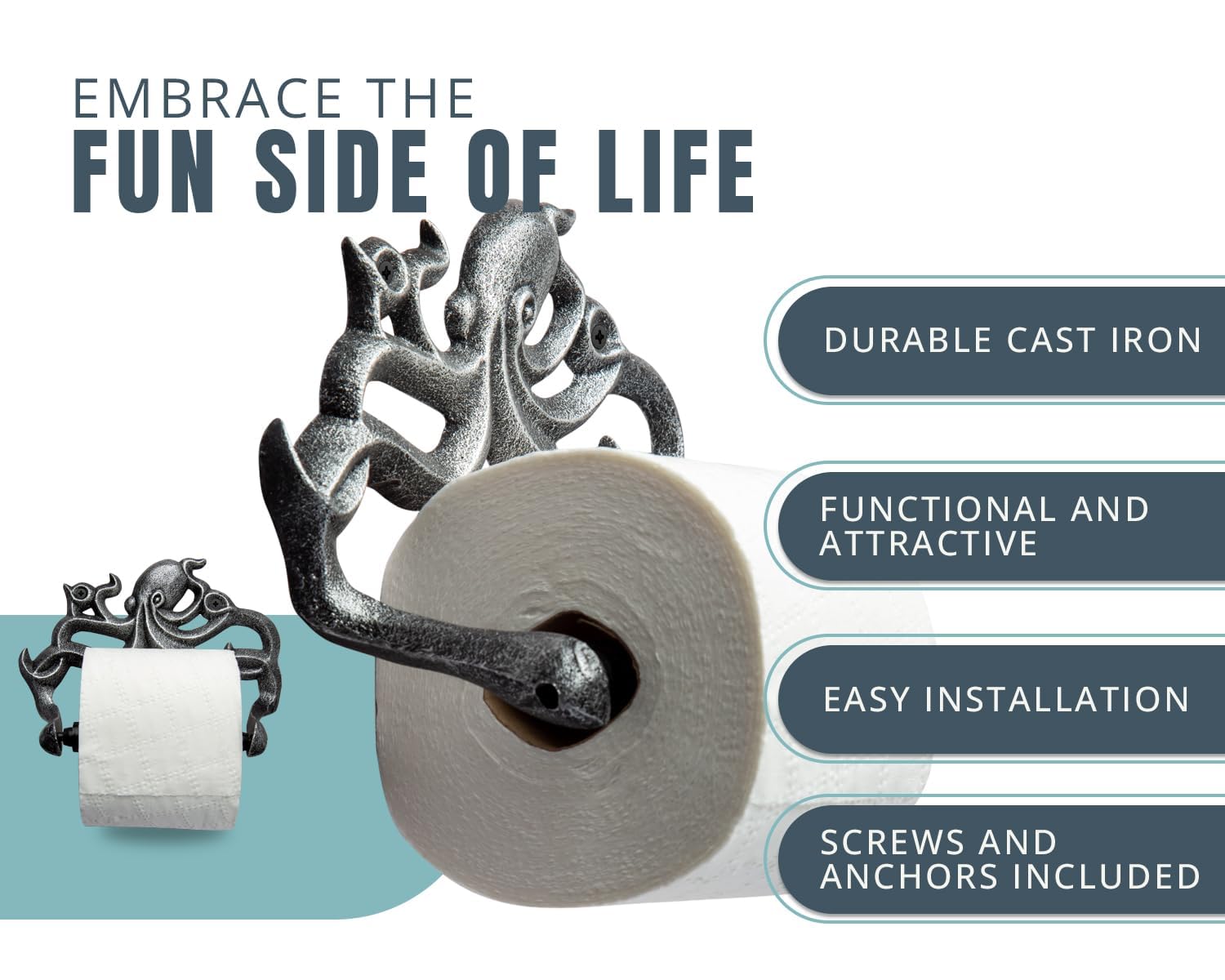 Kraken-design toilet paper holder with screws and anchors for secure bathroom installation.