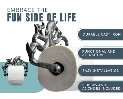Kraken-design toilet paper holder with screws and anchors for secure bathroom installation.