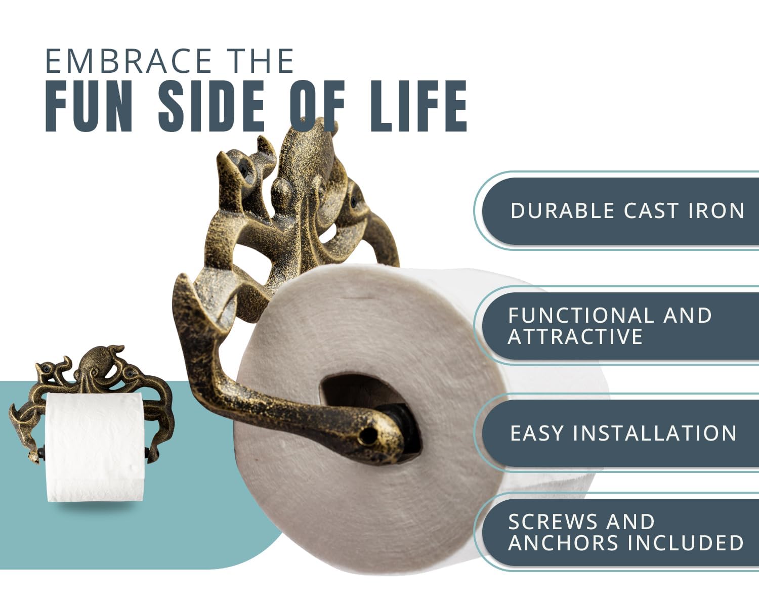 Comfify octopus toilet paper holder close-up, gold and black finish, durable cast iron look.