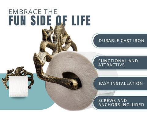 Comfify octopus toilet paper holder close-up, gold and black finish, durable cast iron look.