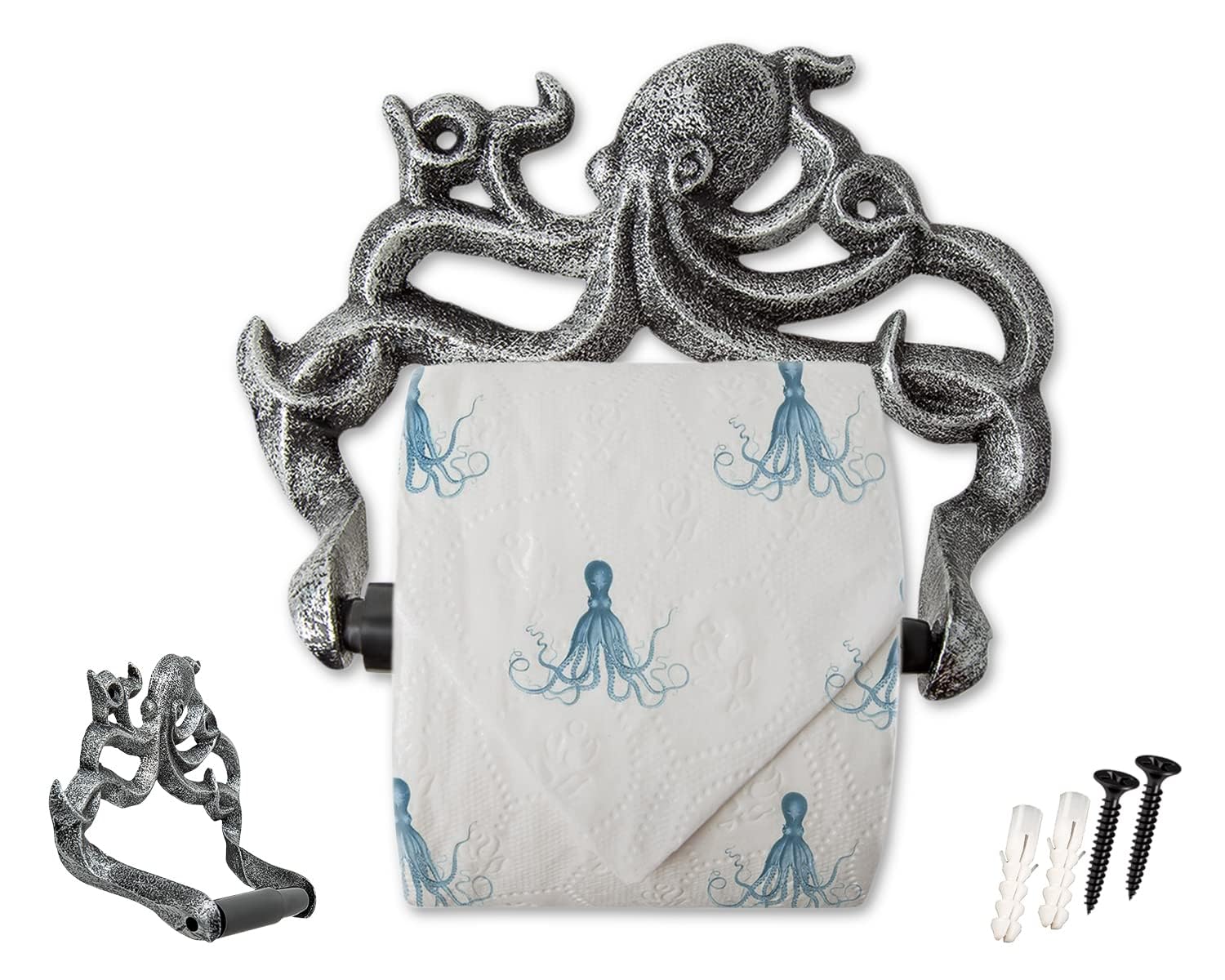 Comfify octopus toilet paper holder wall mount in silver and black adds nautical flair.