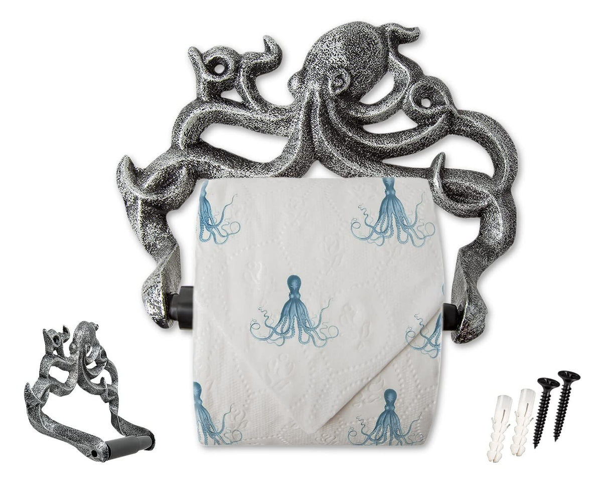 Comfify octopus toilet paper holder wall mount in silver and black adds nautical flair.