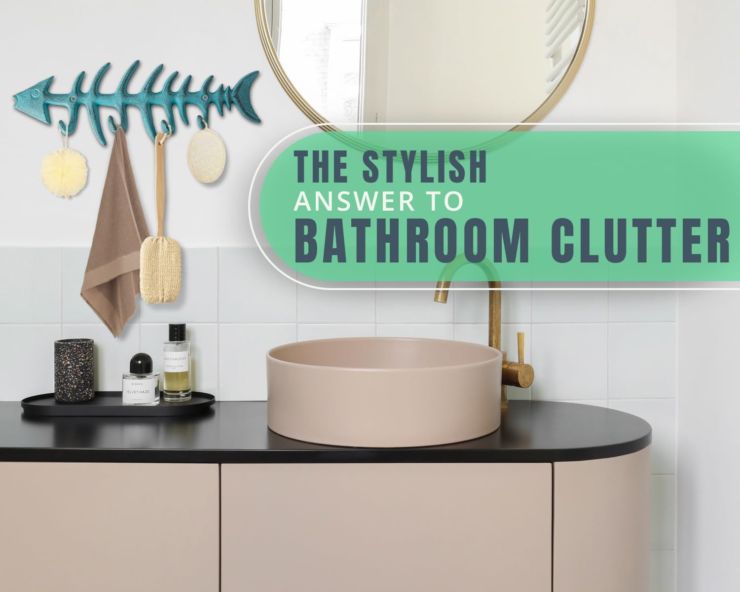 Comfify rustic kitchen bathroom display highlighting the teal hook rack.