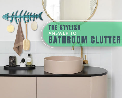 Comfify rustic kitchen bathroom display highlighting the teal hook rack.