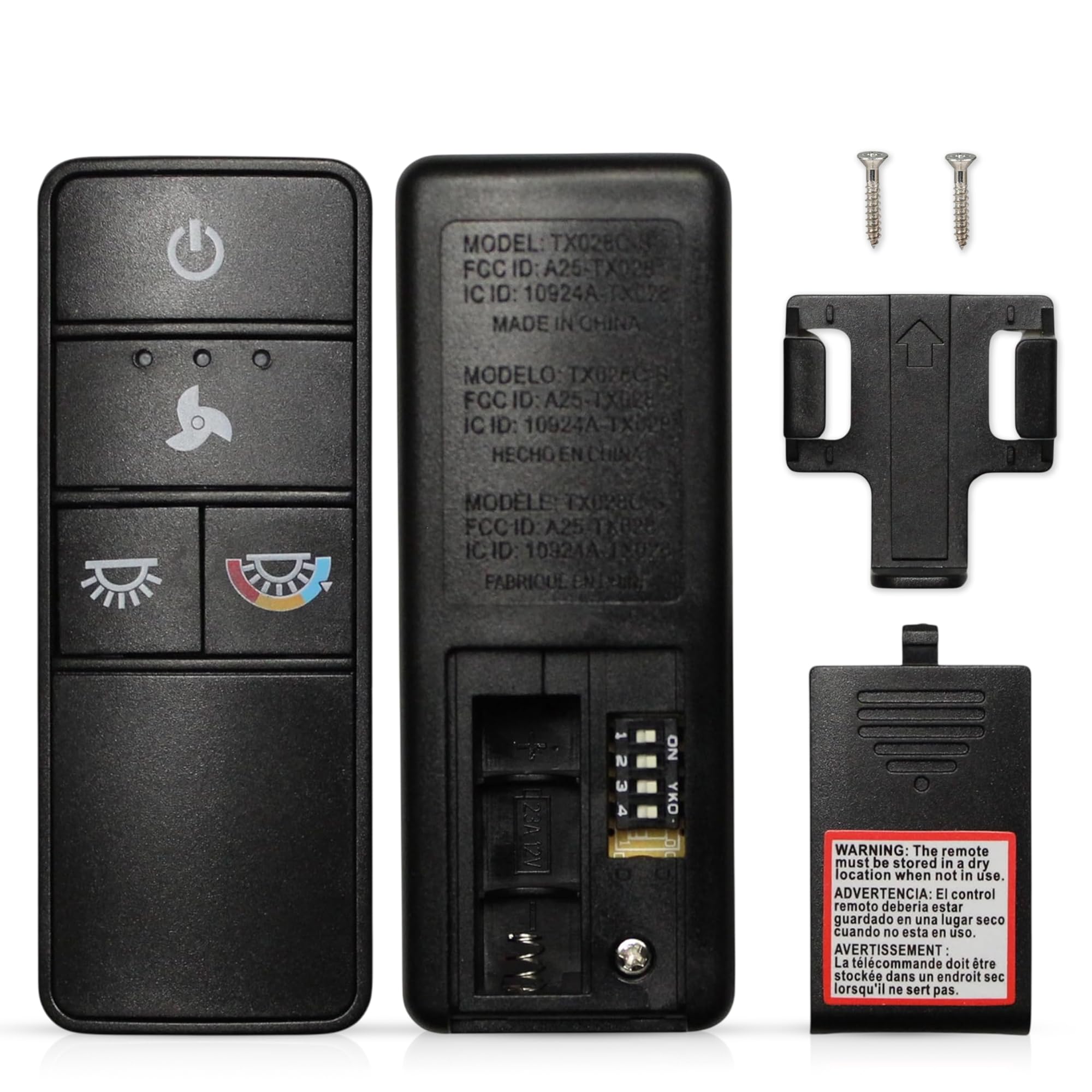 Comfort Direct TX028C-S remote with DIP-switch pairing for easy setup.