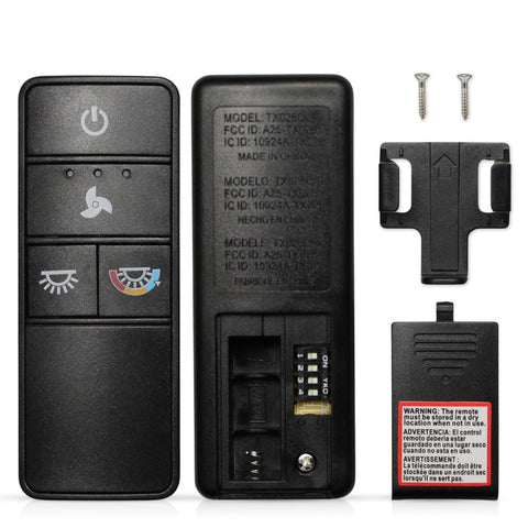 Comfort Direct TX028C-S remote with DIP-switch pairing for easy setup.