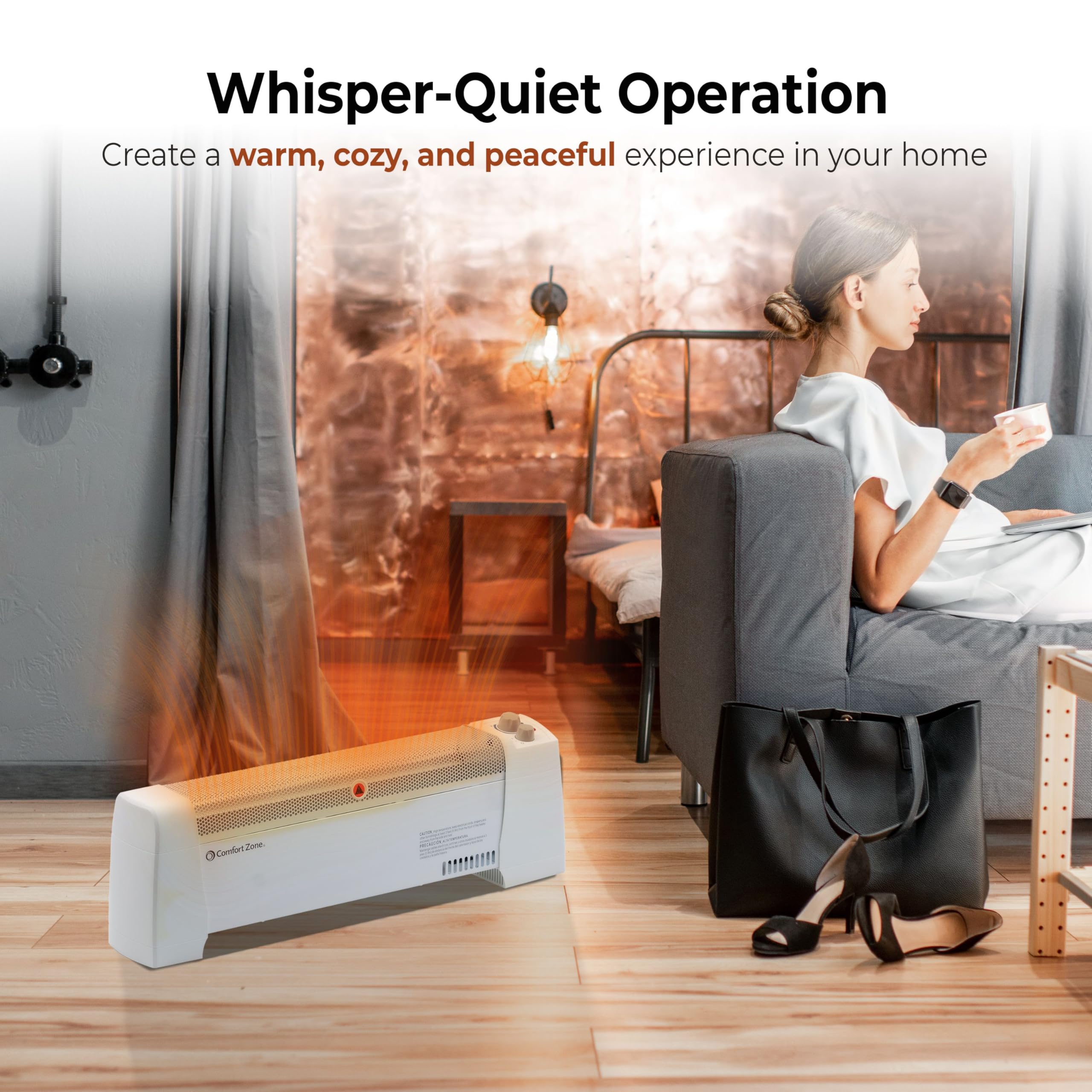 Whisper-quiet operation of the Comfort Zone heater for bedrooms and offices.